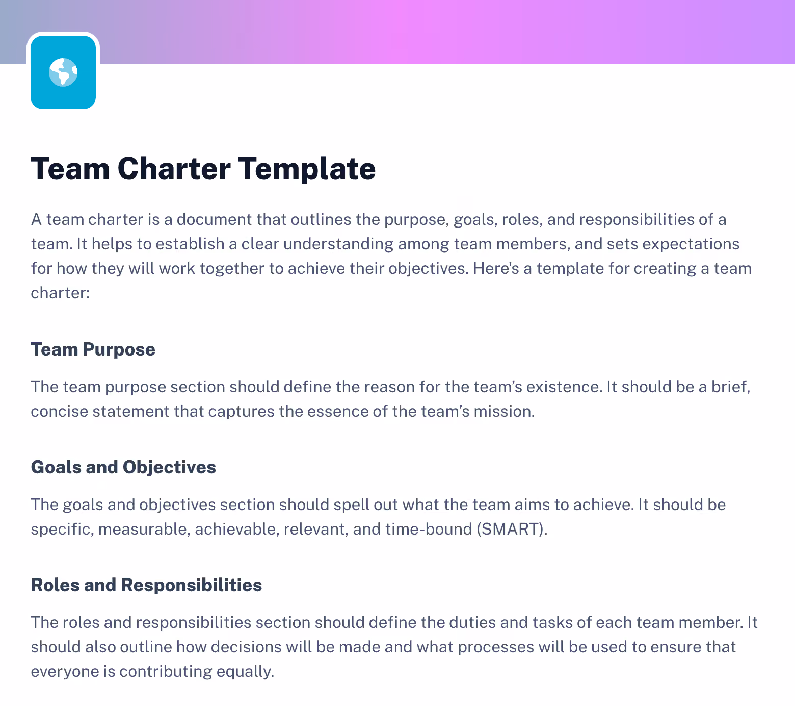 team charter template made with Scribe