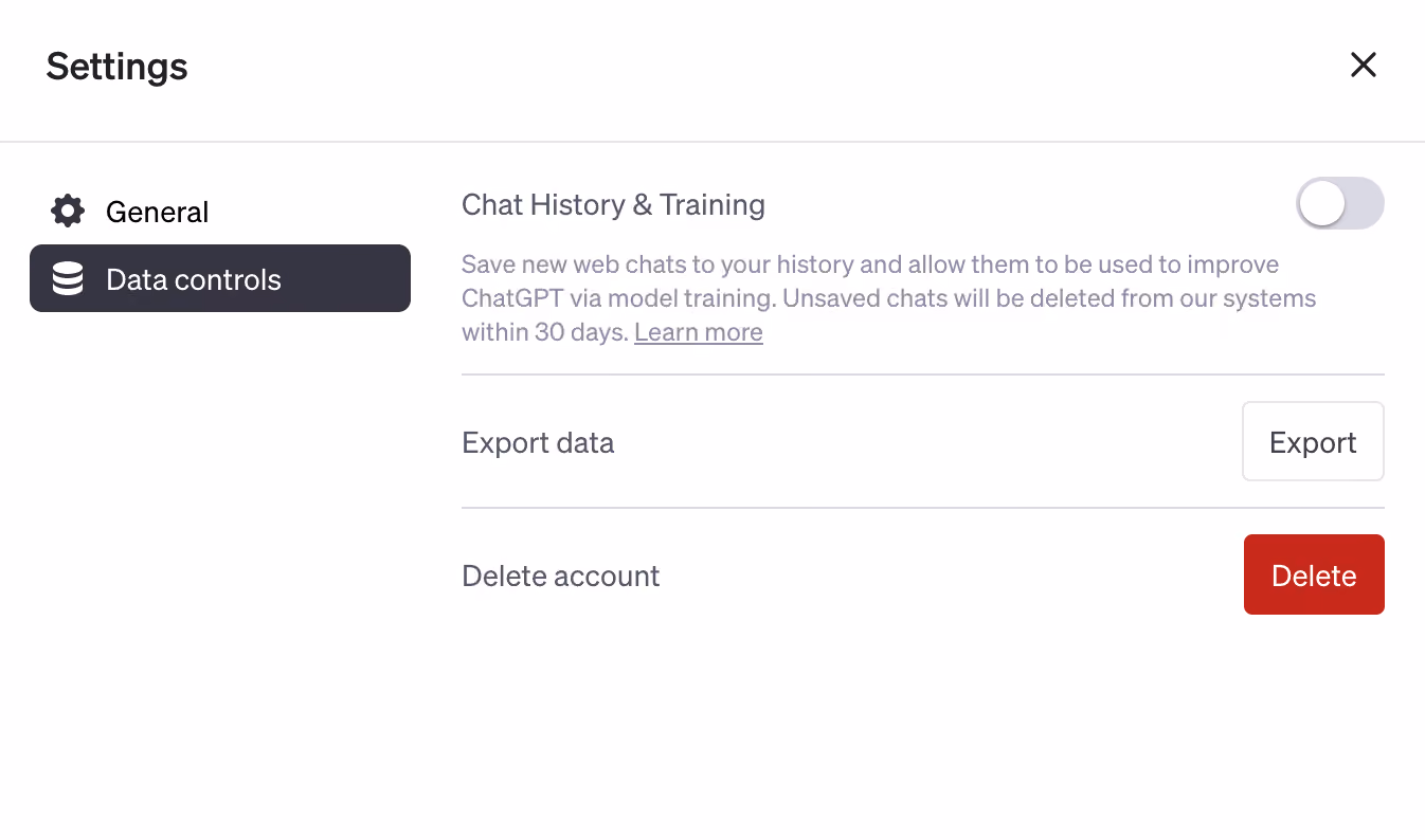 ChatGPT Data Controls menu