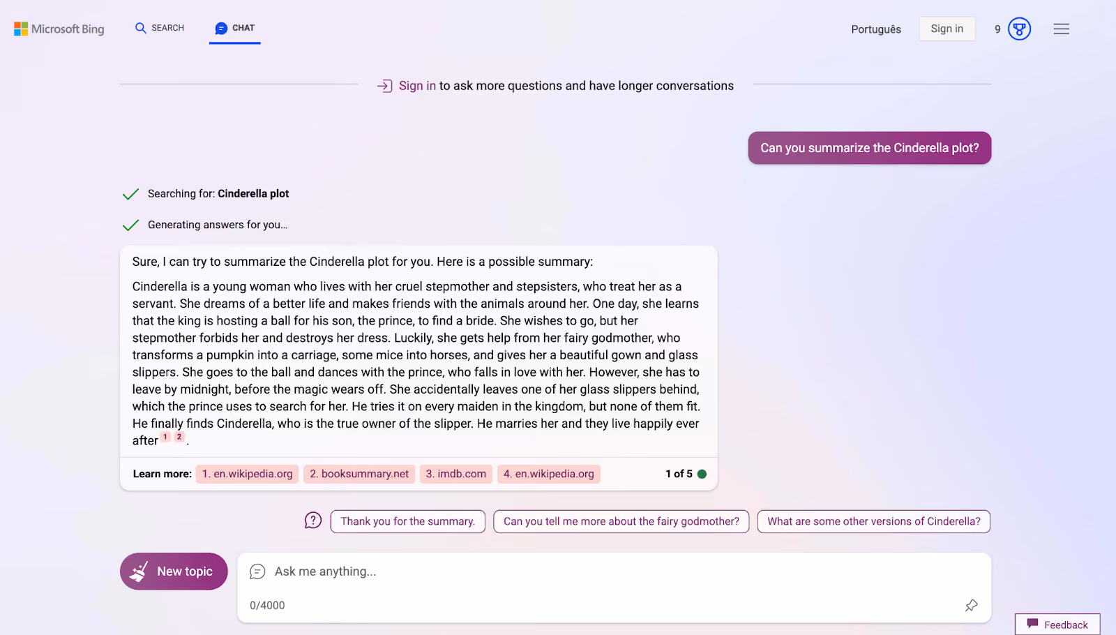 Bing AI summarizing the plot of Cindarella