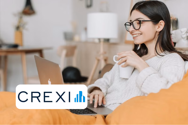 AI customer experience - Crexi logo, woman smiling with mug