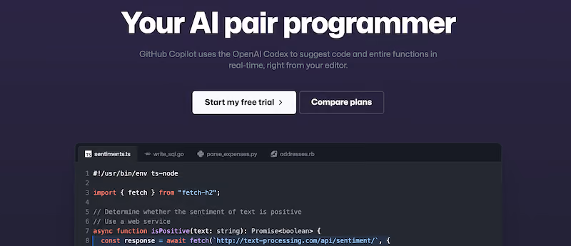 GitHub Copilot home page AI pair programmer
