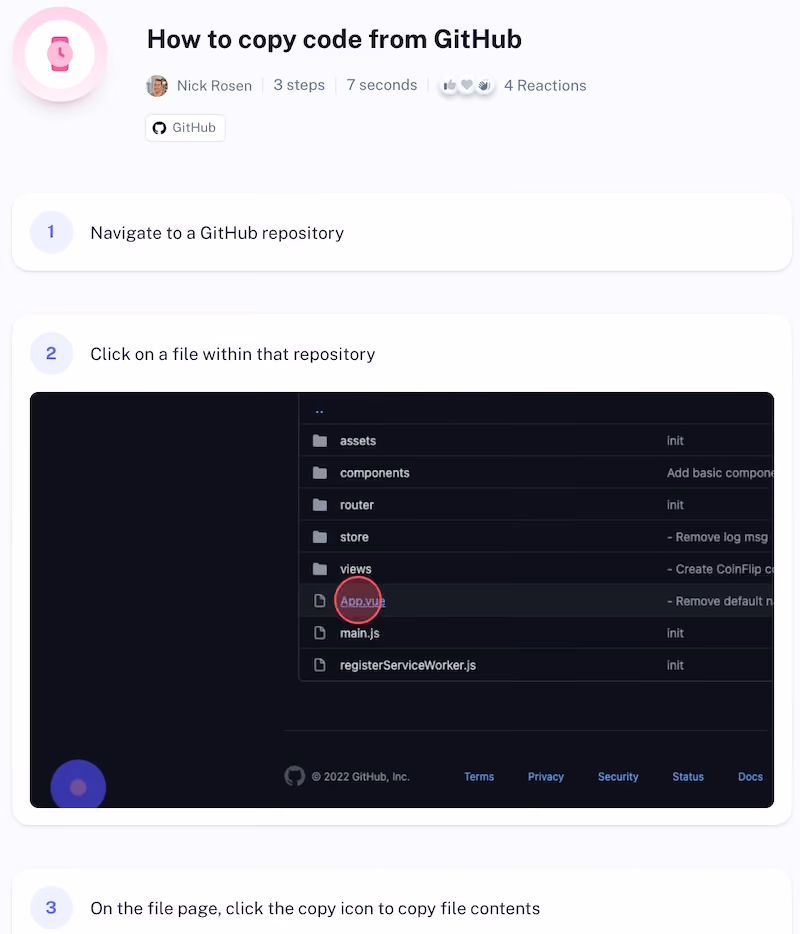 Step by step Scribe outlining how to copy code from GitHub