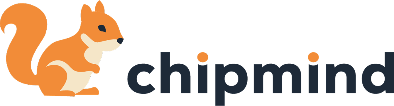 Orange and cream cartoon chipmunk sitting next to the word chipmind in lowercase letters.