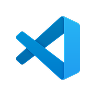 Visual Studio Code logo in blue with overlapping geometric shapes forming a stylized letter V.