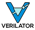 Blue and light blue triangular abstract shape forming a stylized letter V with a small circle.