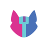 Abstract stylized cat head split vertically into pink left and blue right halves.