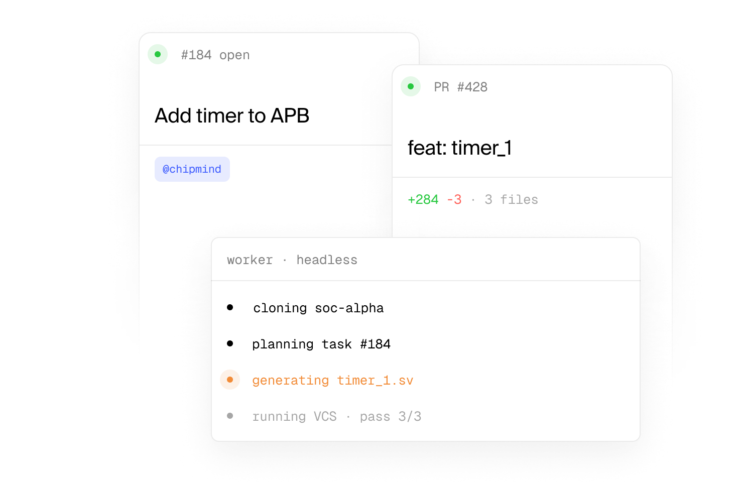 Task #184 open titled Add timer to APB with chipmind mention and PR #428 feat: timer_1 with file changes.