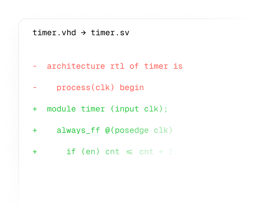 Code snippet showing refactor from VHDL to SystemVerilog with red lines removed and green lines added.
