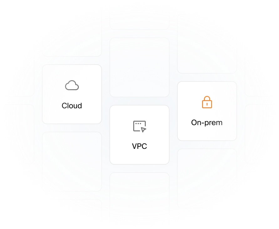 Icons labeled Cloud, VPC, and On-prem with a cloud, cursor, and lock symbol respectively.