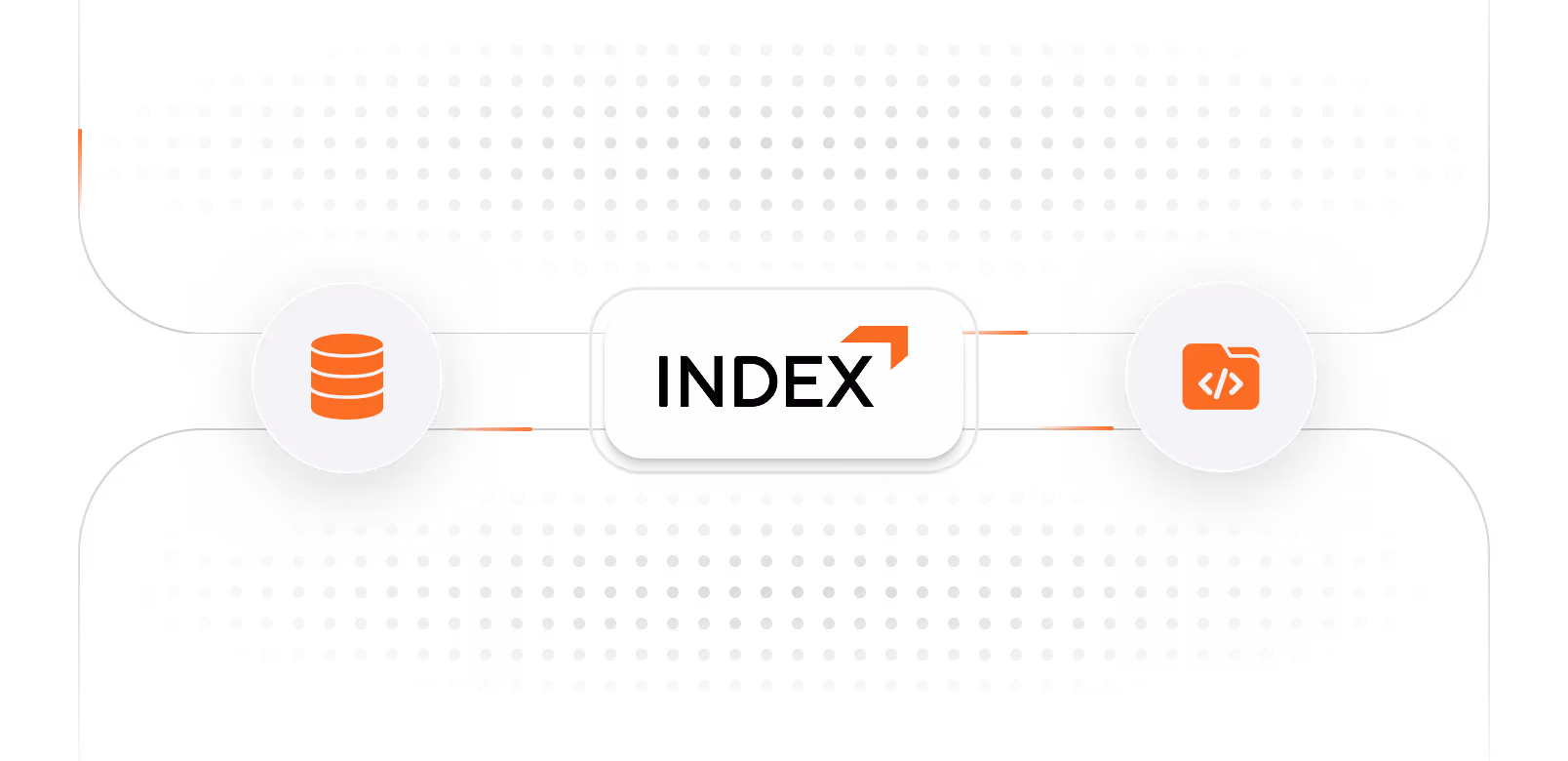Illustration showing INDEX connecting data storage and code folder icons with dotted patterns above and below.