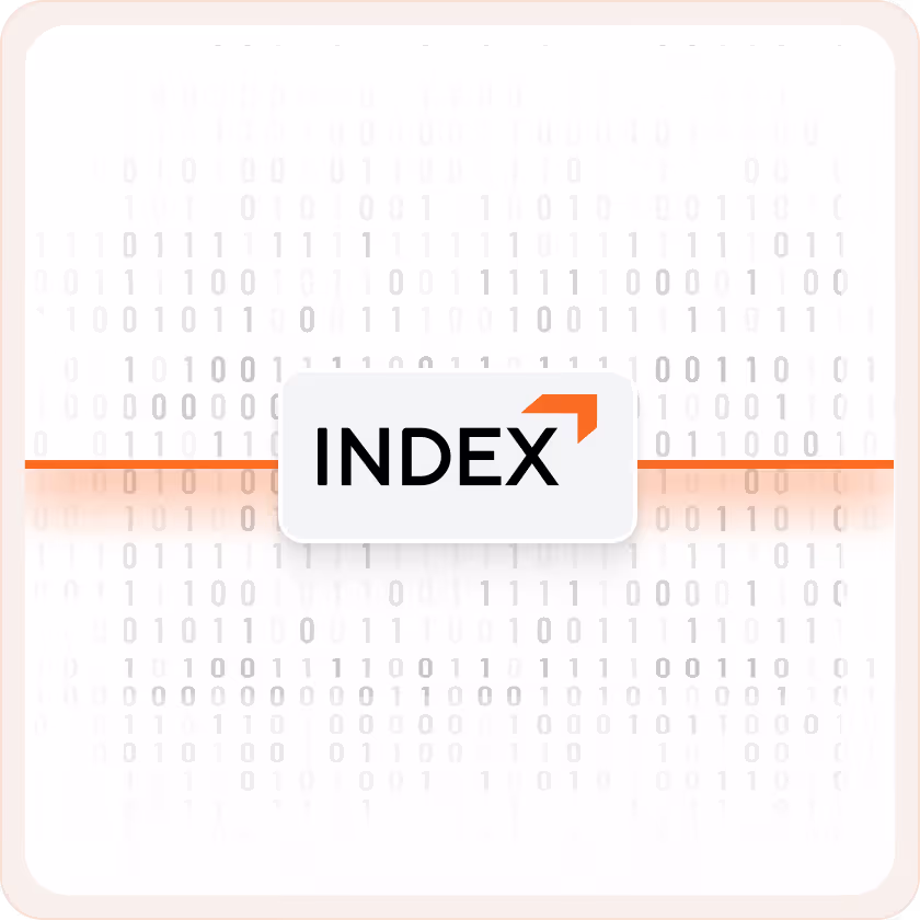 White square with faint binary code background and a central block containing the word INDEX with an orange arrow.