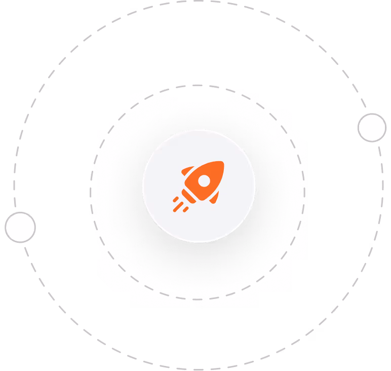 Orange rocket icon in a central circle with two white circles orbiting on dashed path.