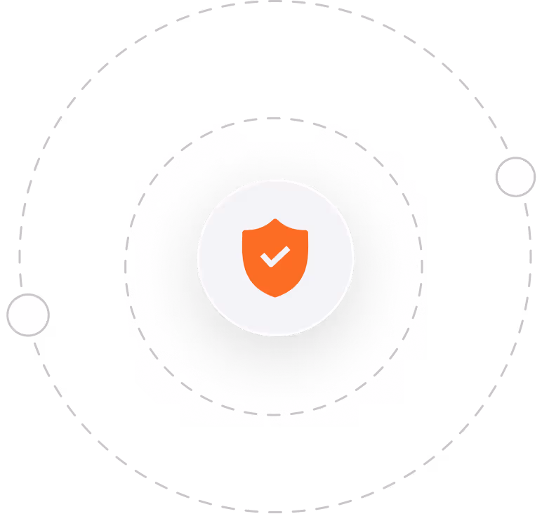 Orange shield with a white checkmark at the center surrounded by two orbiting white dots on dashed gray circle.