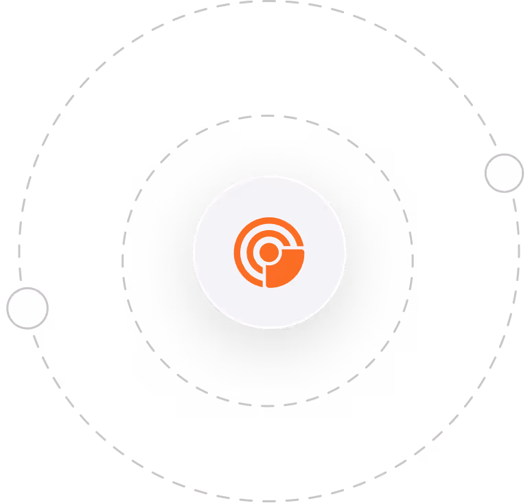 Orange circular target icon in center with two white dots orbiting on a dashed circular path.