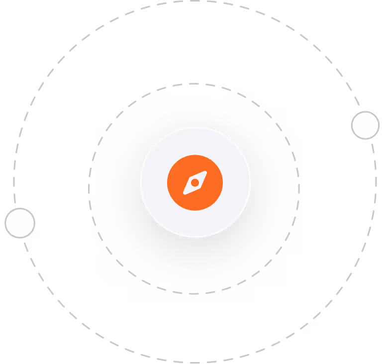 Orange and white compass icon centered with two white dots orbiting on dashed circular path.