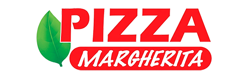 Logo with red text 'PIZZA MARGHERITA' and a green leaf on the left side.