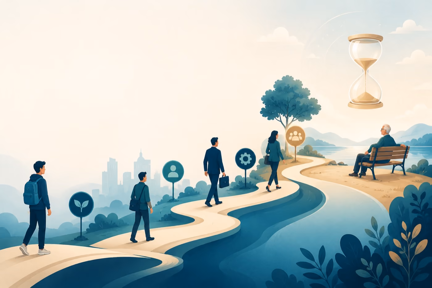 Illustration einer Beamtenlaufbahn als Zeitstrahl bis zum Ruhestand – anrechnungsfähige Dienstjahre für die Pension