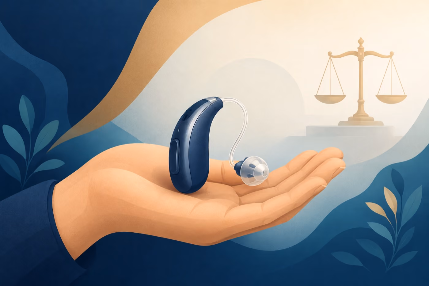 Illustration eines Hörgeräts auf einer Handfläche mit Justitia-Waage – Beihilfe übernimmt Kosten für teureres Hörgerät