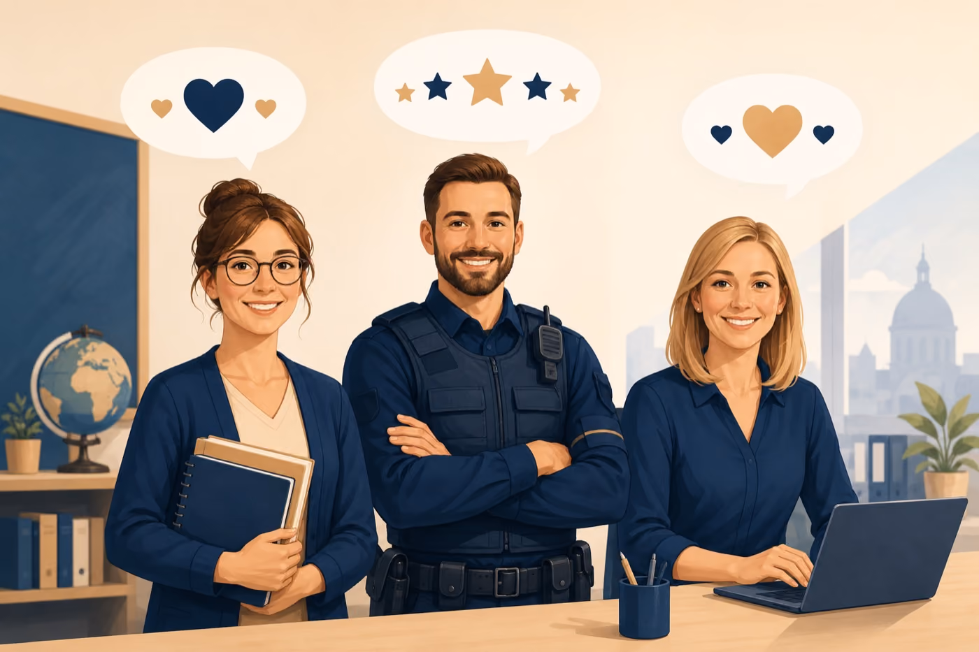 Illustration von Lehrerin, Polizist und Verwaltungsangestellter mit Bewertungs-Sprechblasen – PKV Erfahrungen von Beamten