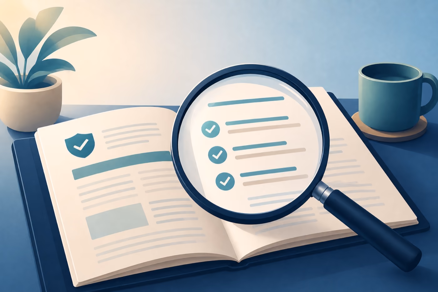 Illustration einer Lupe über einem Versicherungsvertrag – Tarifdetails der R+V PKV für Beamte im Check