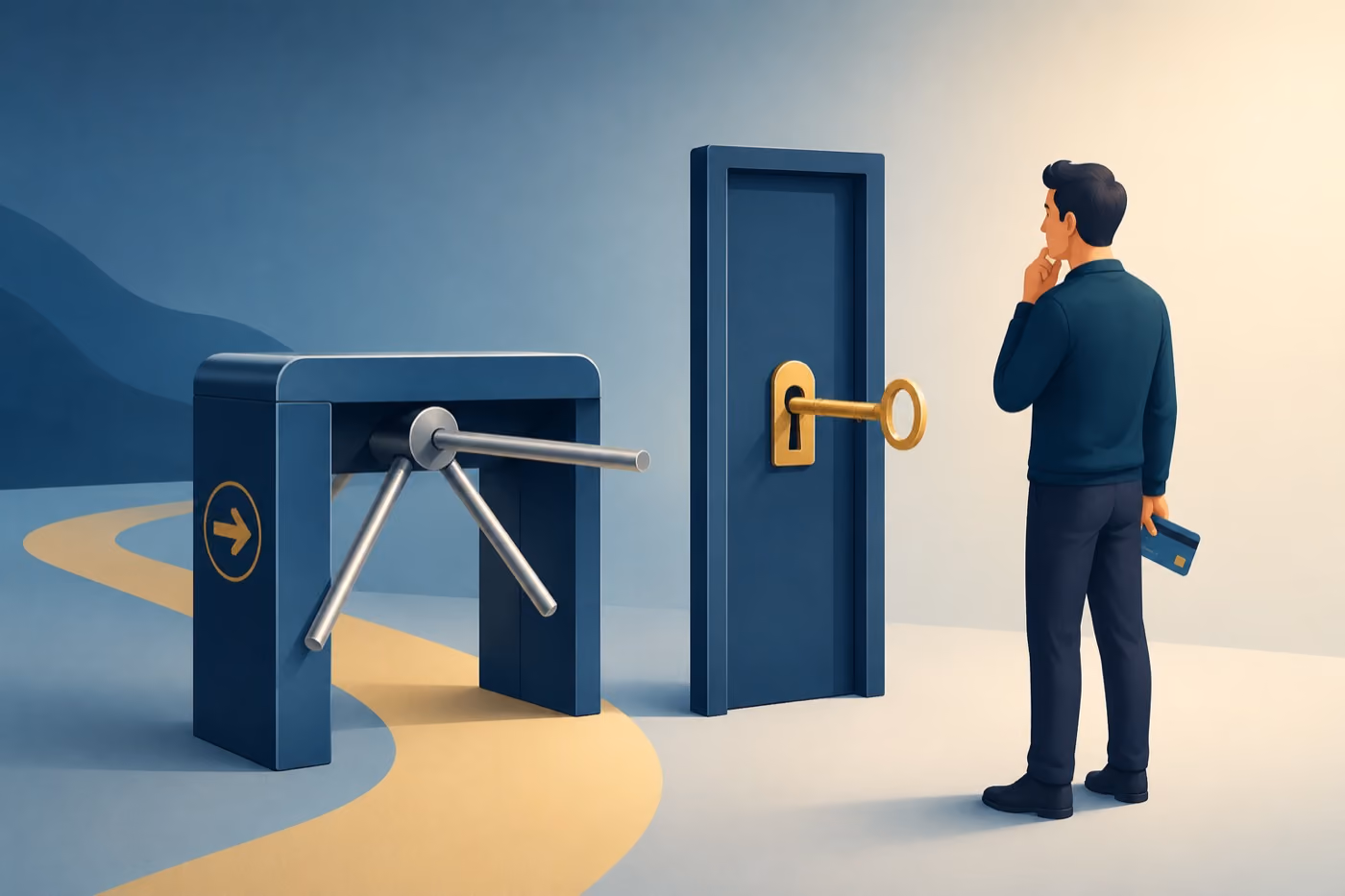 Illustration mit Drehkreuz und verschlossener Tür – Rückkehr aus der PKV in die gesetzliche Krankenkasse