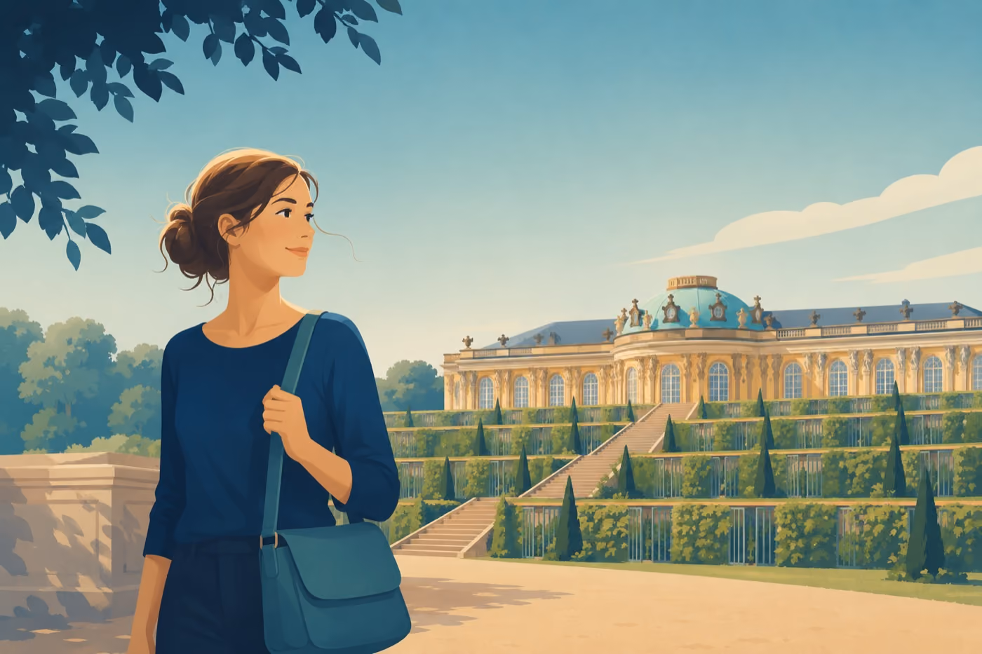Illustration einer Referendarin vor Schloss Sanssouci – Krankenversicherung für Beamtenanwärter in Brandenburg