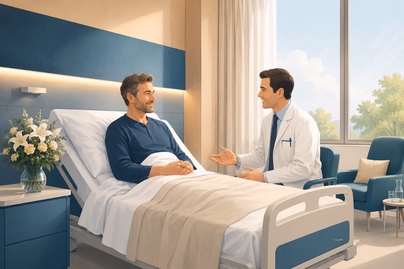 Illustration eines Arztgesprächs im Einzelzimmer – Leistungsvorteile der privaten Krankenversicherung für Beamte