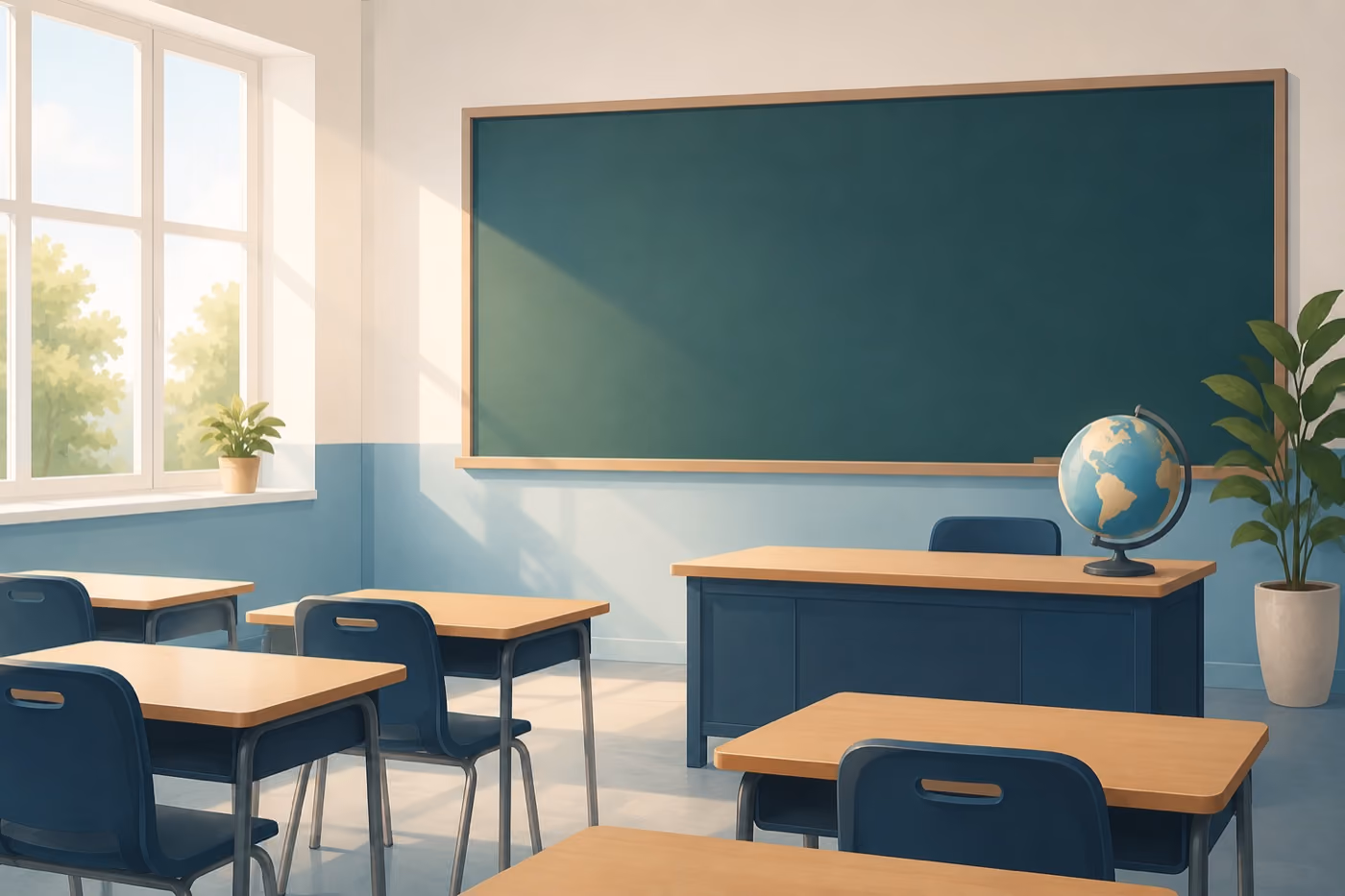 Illustration eines leeren Klassenzimmers mit Tafel und Globus – Debatte um Schulpflicht und Schulpolitik