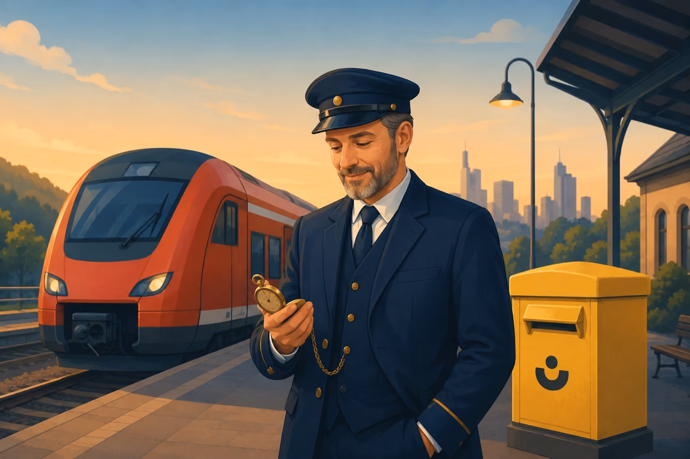 Illustration mit Zug, Briefkasten und Beamtem mit Taschenuhr – neue Pensionsregelung für Beamte bei Bahn und Post