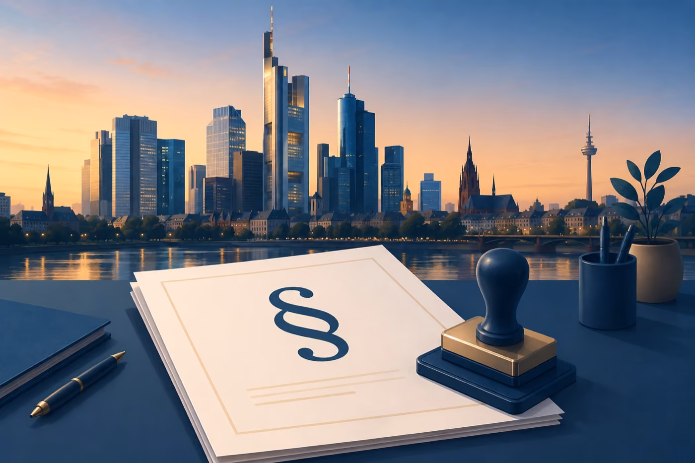 Illustration: Dokument mit Paragrafen vor Frankfurter Skyline – neue Beihilferegelung für Referendare in Hessen
