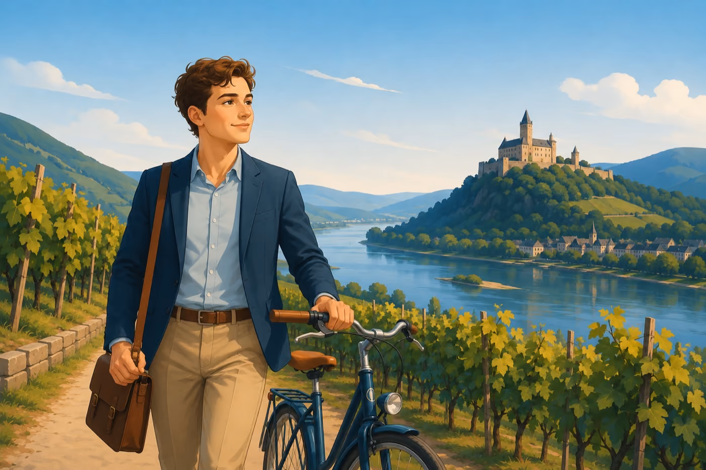 Illustration eines Referendars zwischen Weinbergen am Rhein – PKV für Beamtenanwärter in Rheinland-Pfalz