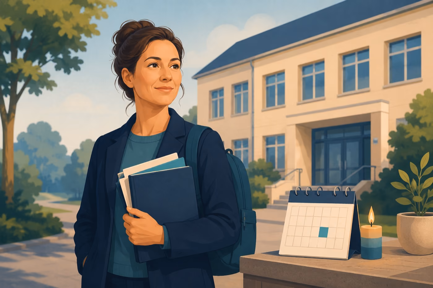 Illustration: Anwärter vor Schulgebäude mit Kalender und Geburtstagskerze – PKV für Lehramtsanwärter über 34 Jahre