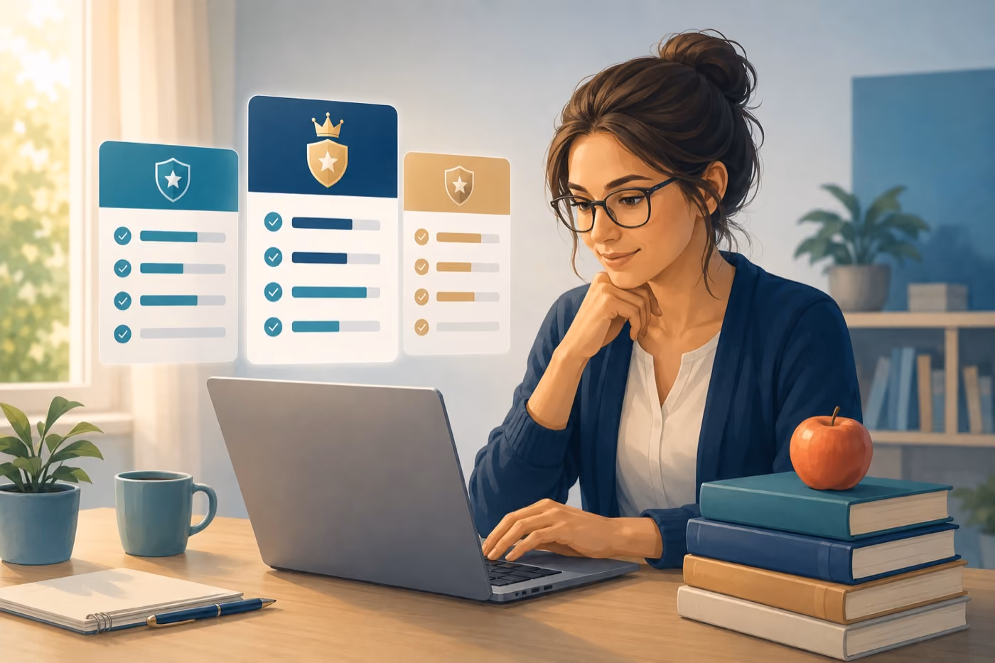 Illustration einer Lehramtsanwärterin am Laptop mit Vergleichskarten – PKV Vergleich für Lehramtsanwärter