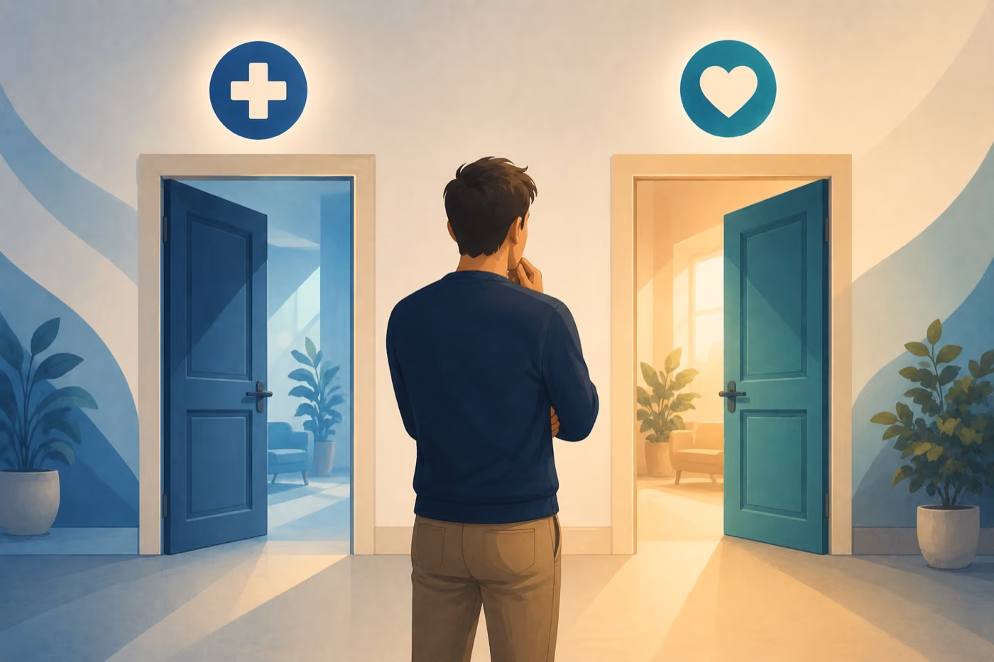 Illustration einer Person vor zwei Türen – Entscheidung zwischen gesetzlicher und privater Krankenversicherung für Beamte
