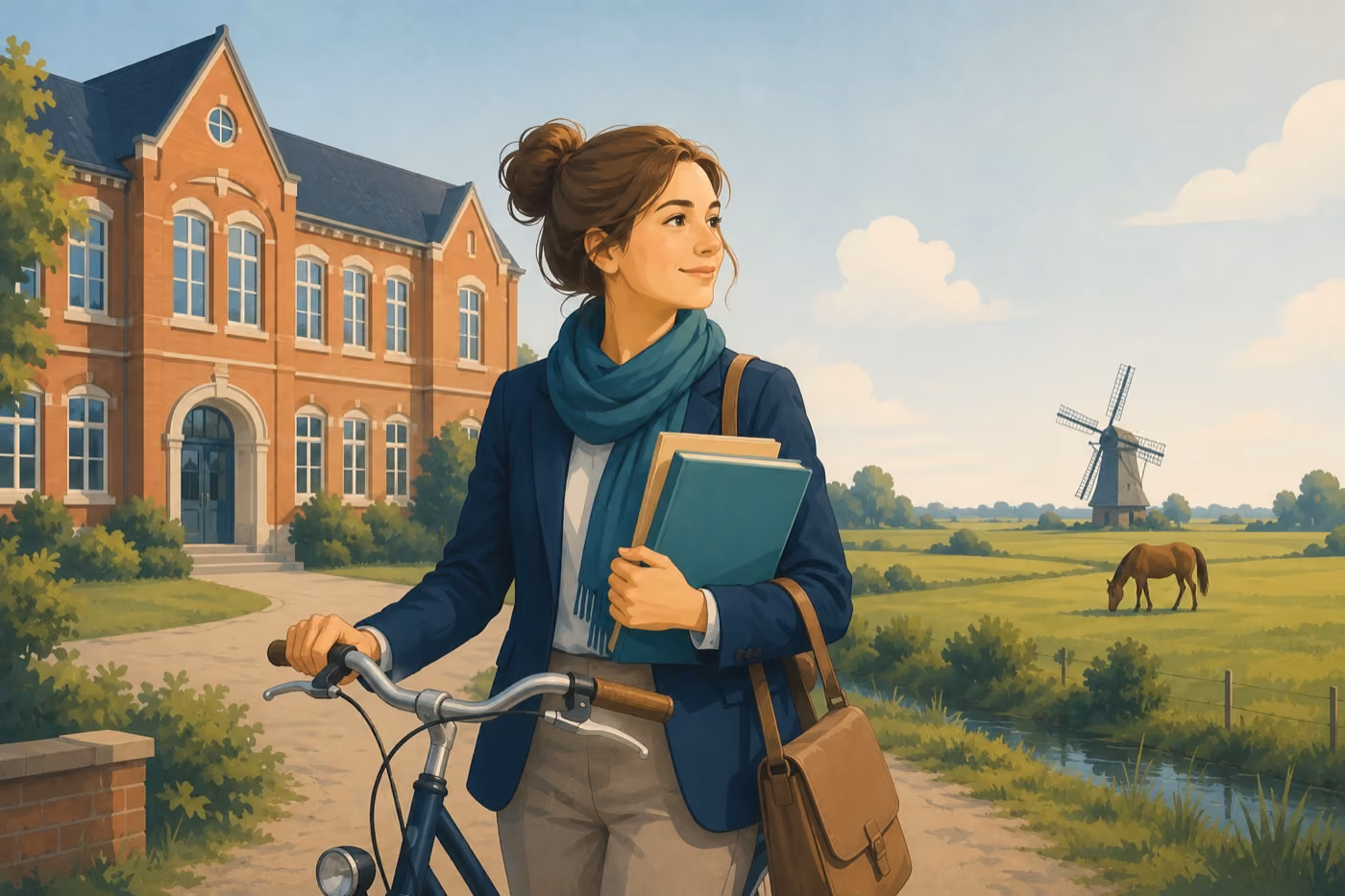 Illustration einer Referendarin vor Backsteinschule mit Windmühle – private Krankenversicherung für Referendare in Niedersachsen