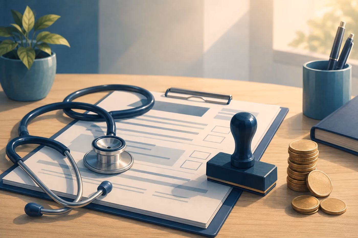Illustration: PKV-Antrag mit Stethoskop, Stempel und Münzstapel – Risikozuschläge in der privaten Krankenversicherung
