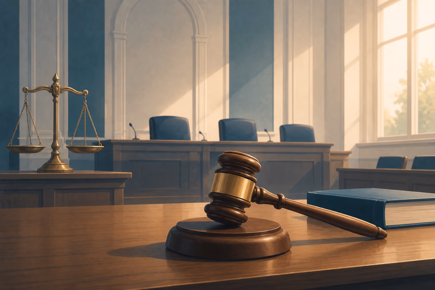 Illustration eines Gerichtssaals mit Richterhammer und Justitia-Waage – Urteil zum Verlust des Beamtenstatus