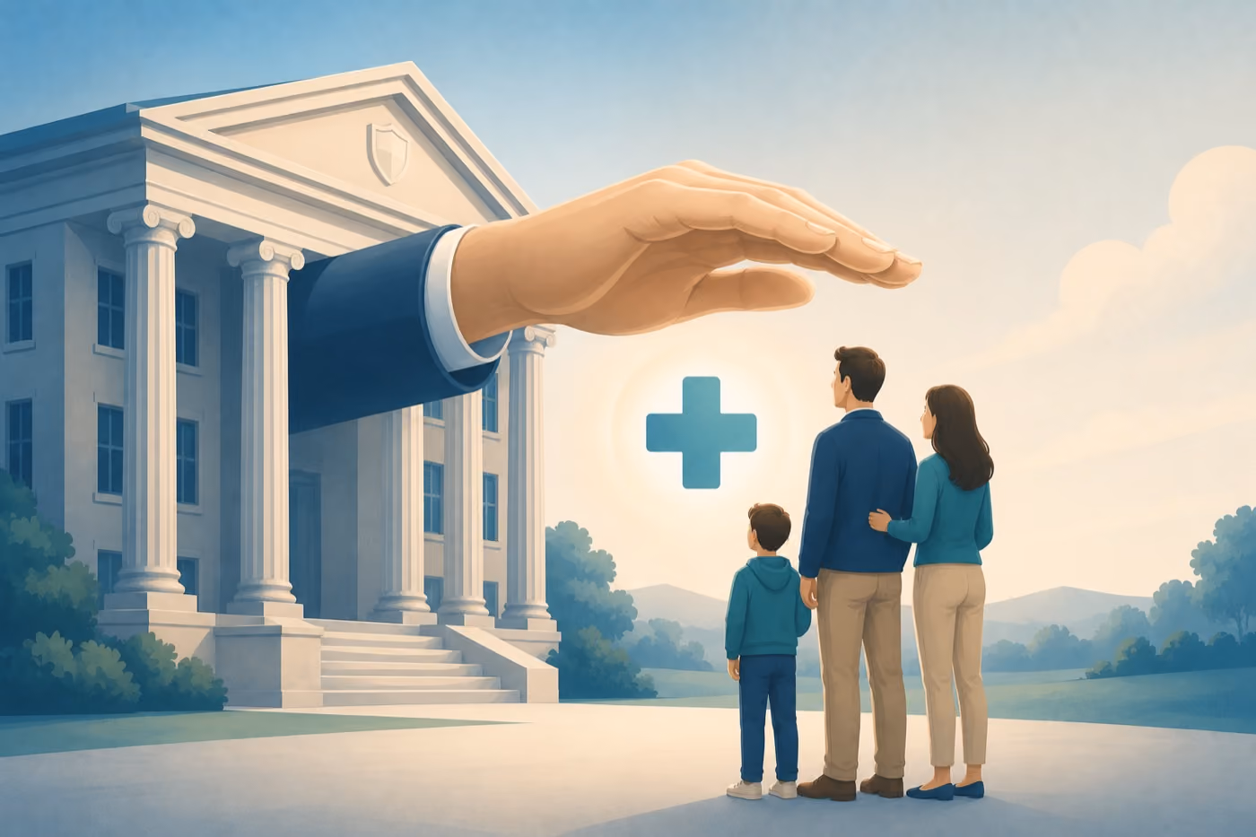 Illustration: schützende Hand des Staates über einer Familie – was ist die Beihilfe für Beamte