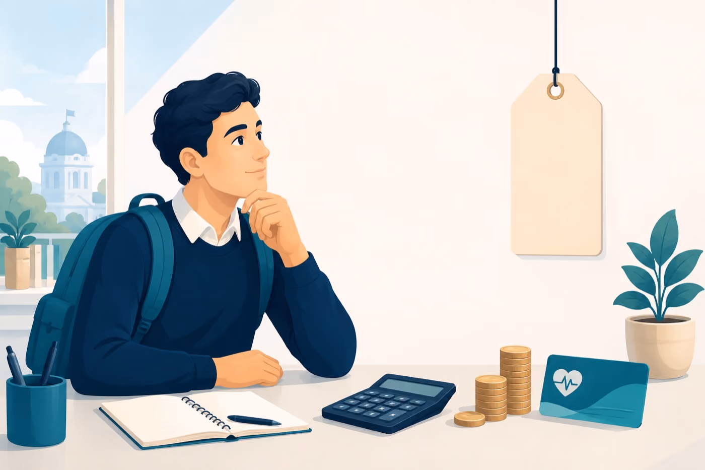 Illustration eines Anwärters mit Taschenrechner und Gesundheitskarte – was kostet die PKV für Beamtenanwärter