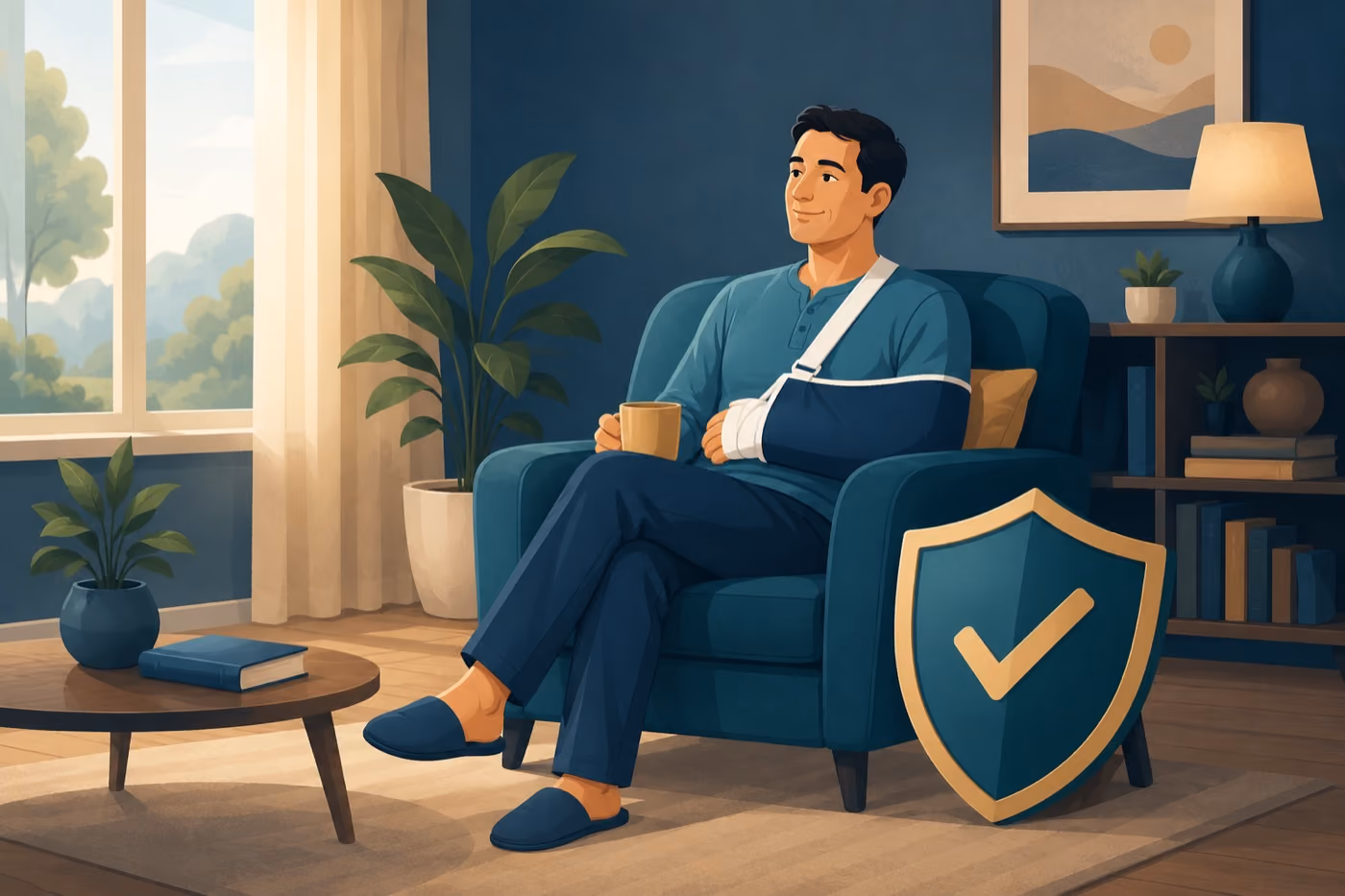 Illustration einer Person mit Armschlinge und Schutzschild – Ansprüche von Beamten bei Dienstunfähigkeit