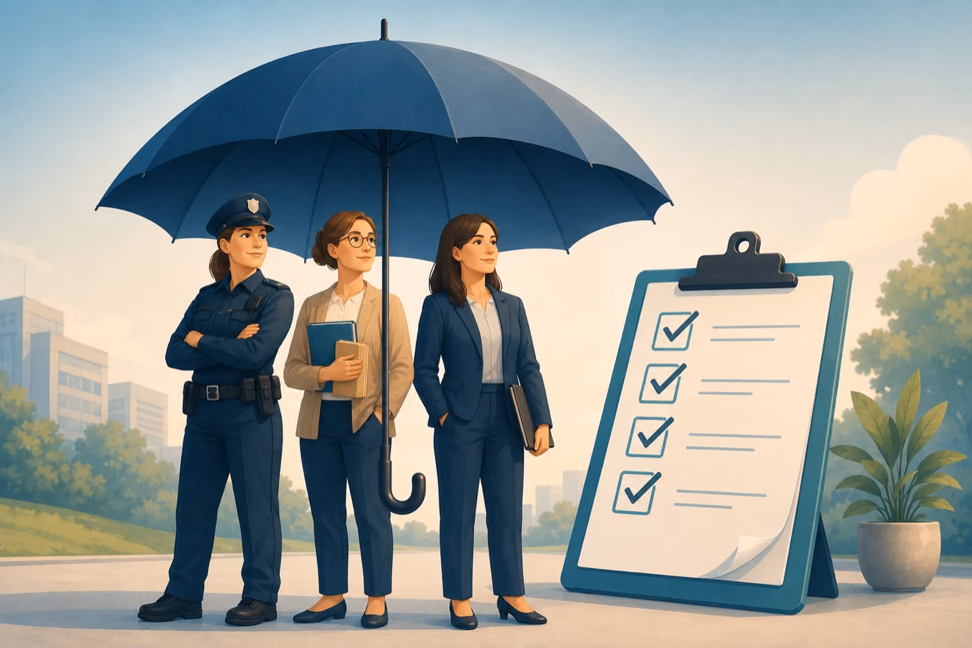 Illustration: Beamte unter Regenschirm mit Checkliste – worauf beim Abschluss einer Dienstunfähigkeitsversicherung achten