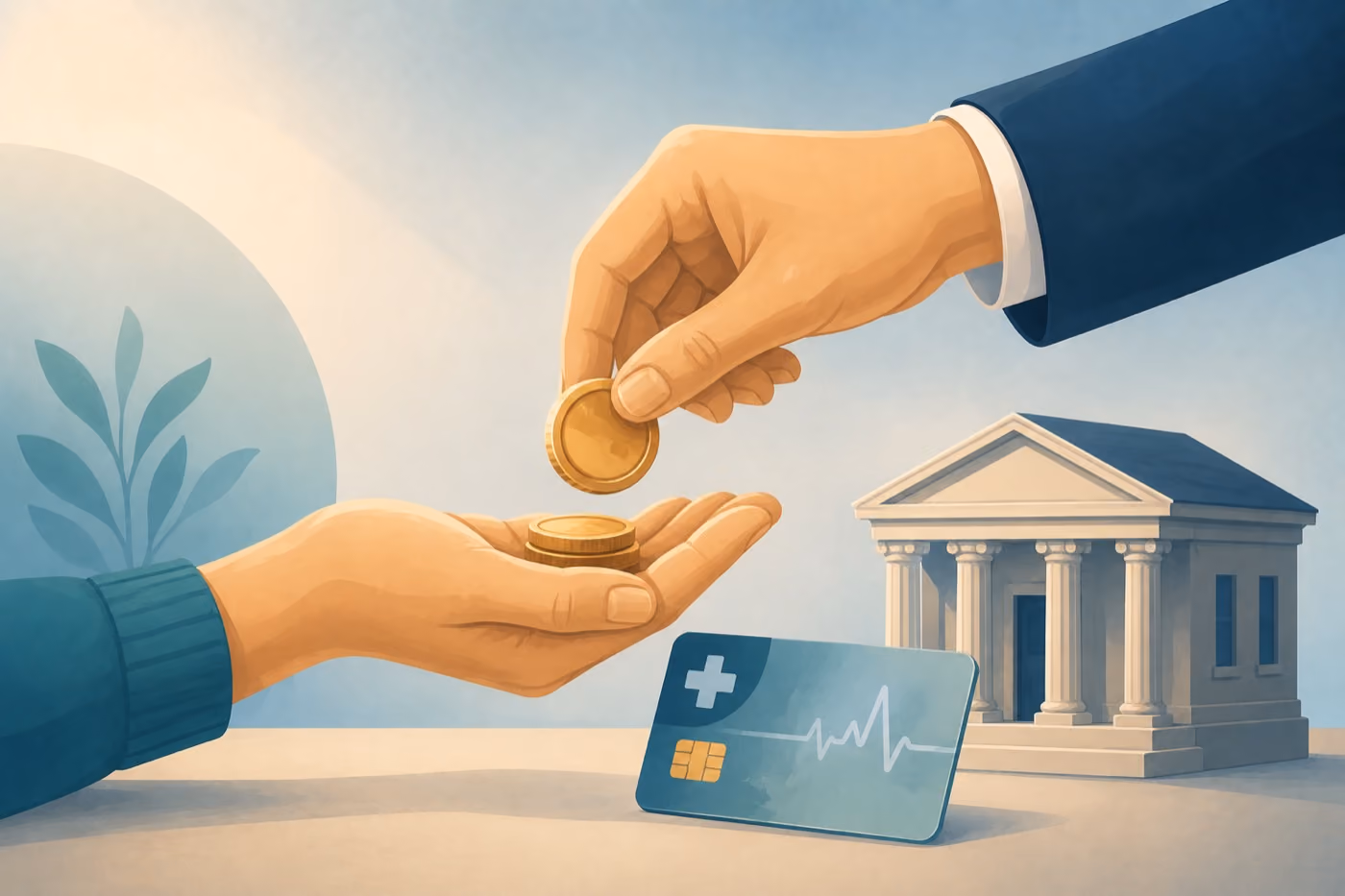 Illustration: Hände übergeben Münzen mit Gesundheitskarte – Zuschüsse für Beamtenanwärter zur Krankenversicherung