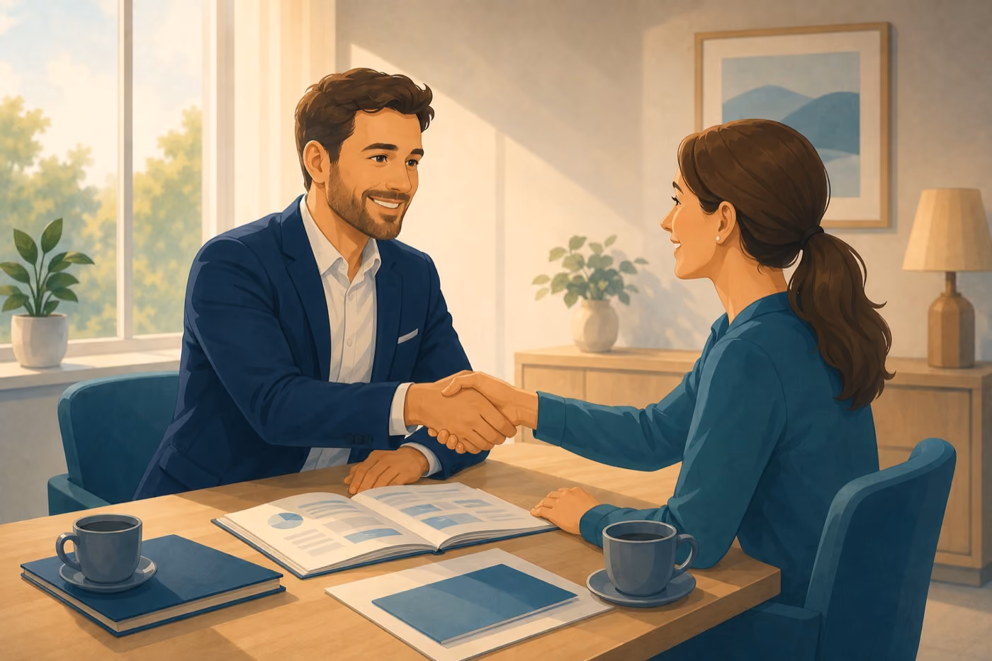 Illustration eines Beratungsgesprächs mit Handschlag – den richtigen Berater für die PKV für Beamte finden