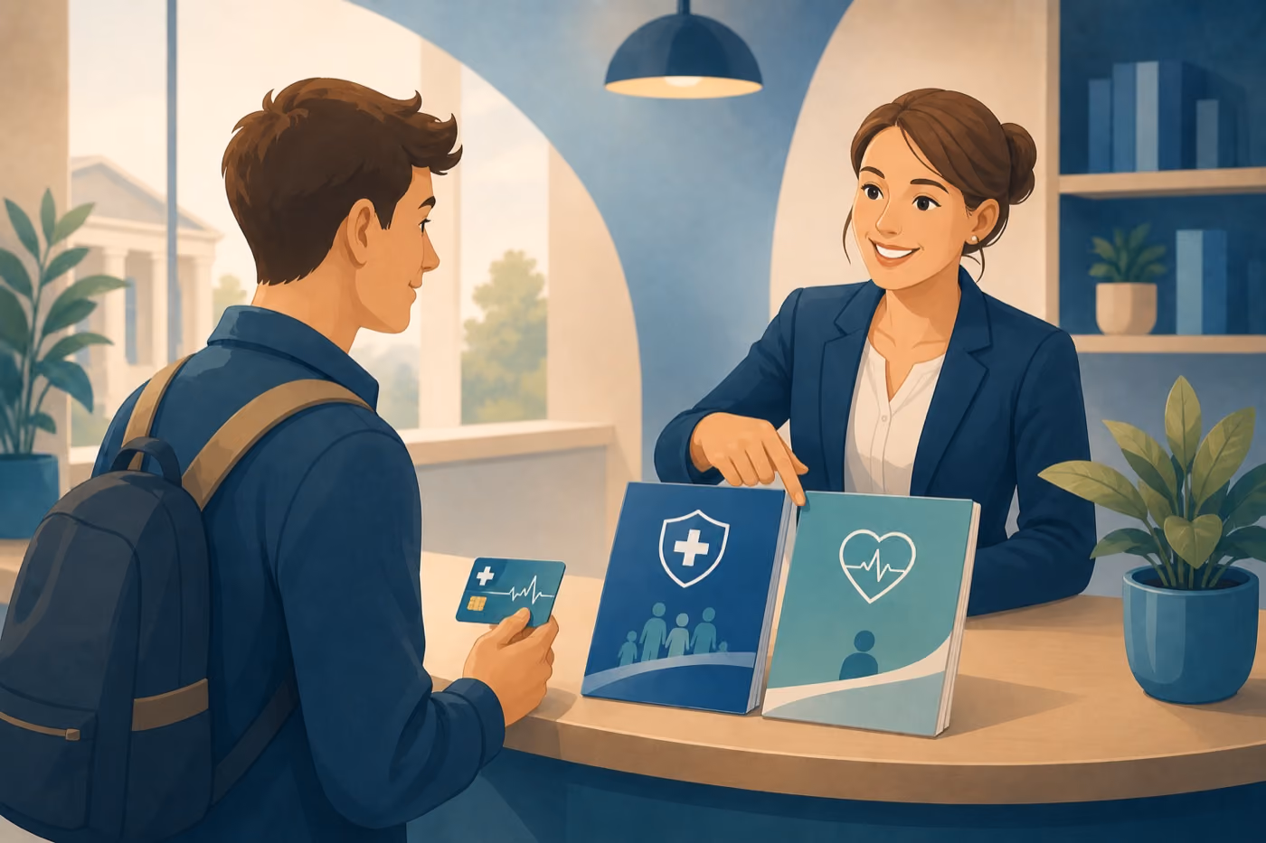 Illustration eines Anwärters mit Gesundheitskarte am Informationsschalter – wie ist ein Beamtenanwärter krankenversichert