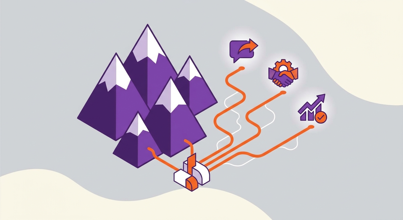 Business development startups: Paths leading from mountains toward icons for communication, partnership, and success.