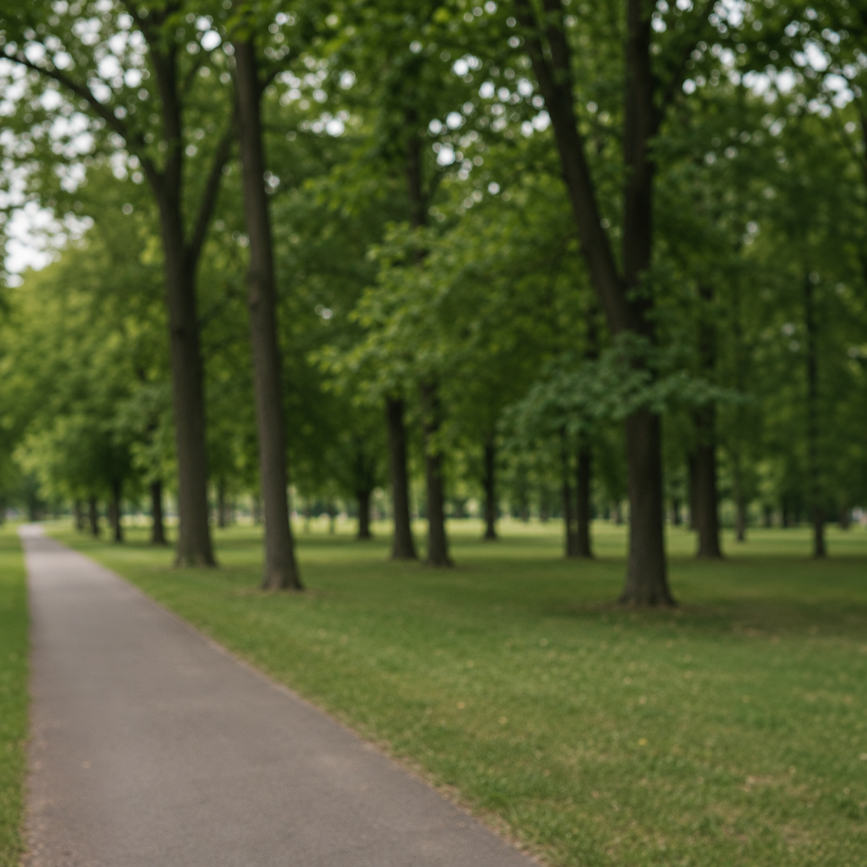 Pathway running alongside a grassy area with numerous green trees in a park.
