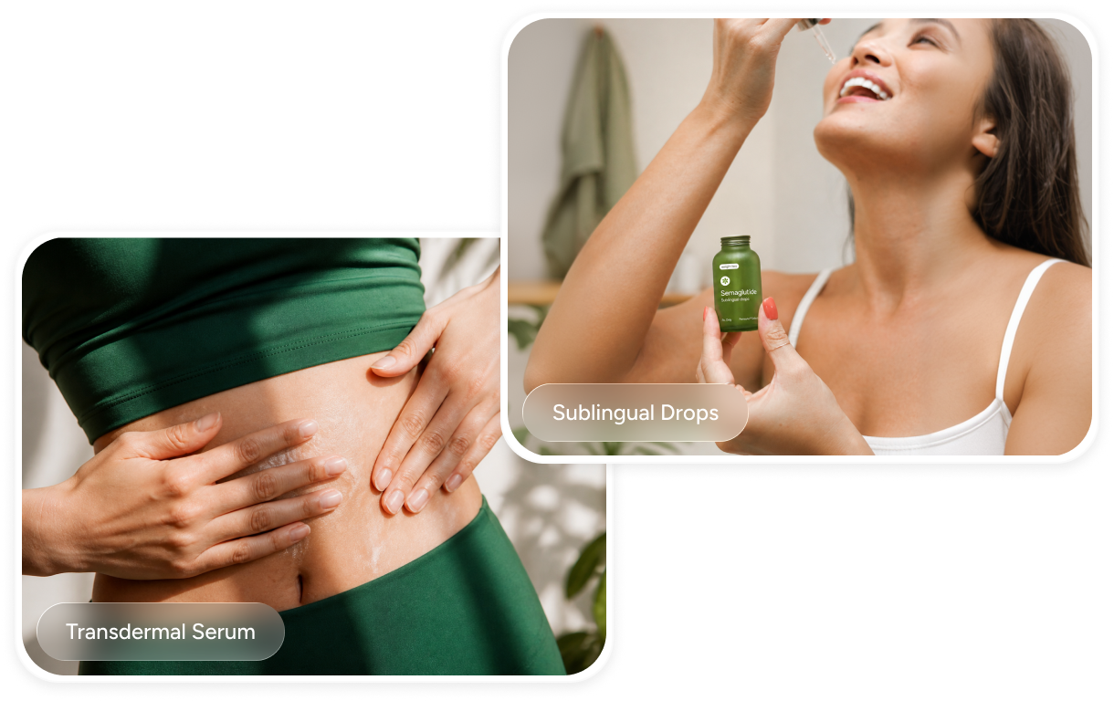 Woman applying transdermal serum on abdomen and another using sublingual drops from a green bottle.