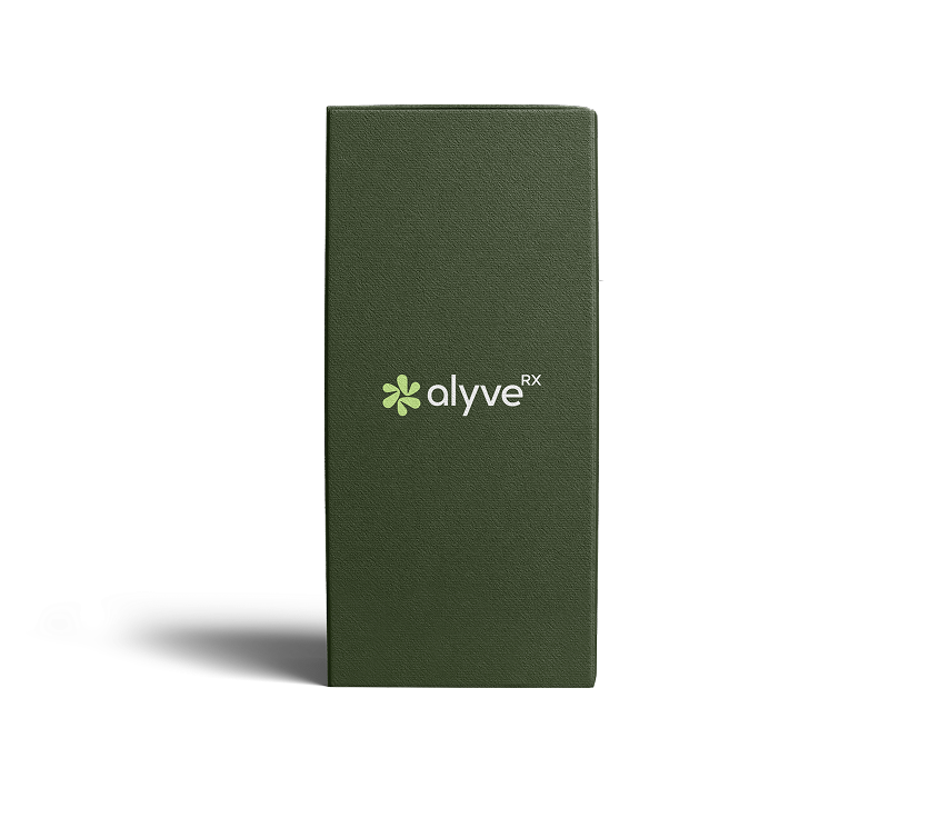 Tall green textured box with a green flower-like logo and the text 'alyve RX' on front.