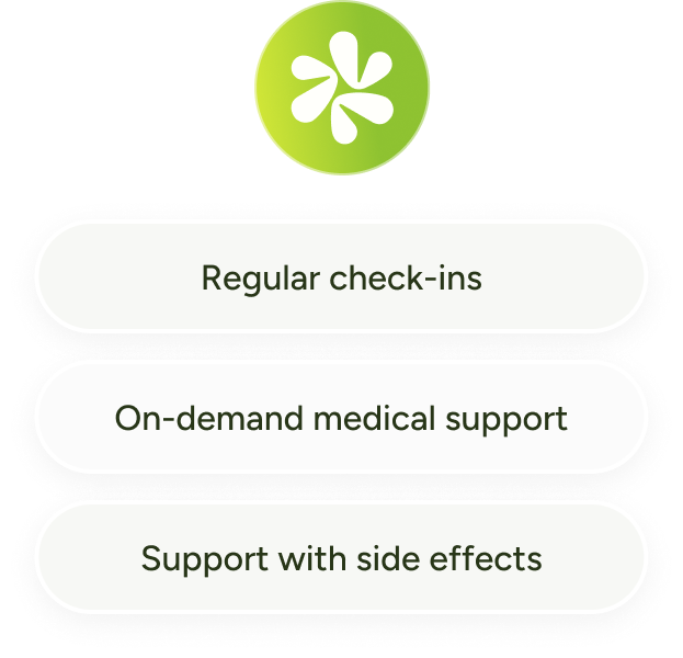 Green circular icon above three rounded buttons labeled Check-ins, Medical support, and Side effects support.