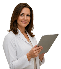 Smiling woman in white lab coat holding and using a digital tablet.